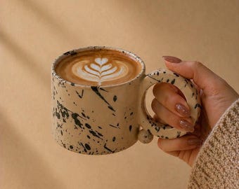 Beige Latte Mug, Handmade Ceramic, Speckled Stoneware Clay, Cappuccino, Americano or Tea Cup