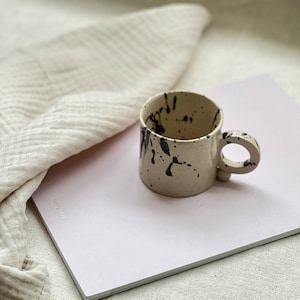 Beige ceramic coffee mug, Medium size coffee cup, 5oz stoneware cup,  Black speckled modern ceramic mug, 150 ml  mug