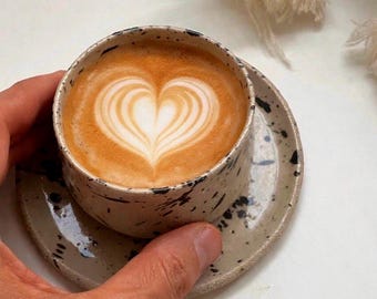Handmade 4oz Espresso Cup with Saucer, Stoneware Coffee Cup, Minimal Ceramic Mug Gift