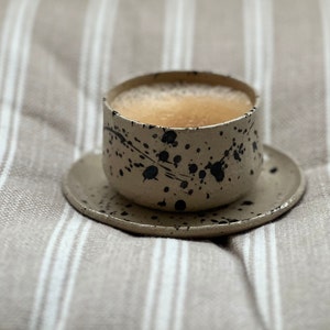 3 oz Espresso cup with saucer, Handleless coffee tumbler, Stoneware ceramic mug, Black splash with glaze on beige cup