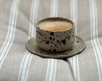 3 oz Espresso cup with saucer, Handleless coffee tumbler, Stoneware ceramic mug, Black splash with glaze on beige cup
