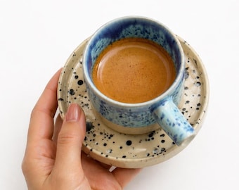 Handmade Blue Speckled Stoneware Espresso Cup: 2 oz Small Ceramic Coffee Mug