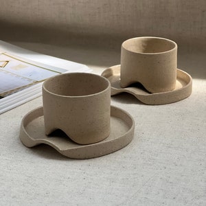 2 oz / 60 ml beige espresso cup with saucer, modern minimalist design espresso cup, contemporary coffee cup, nordic stoneware ceramic cup