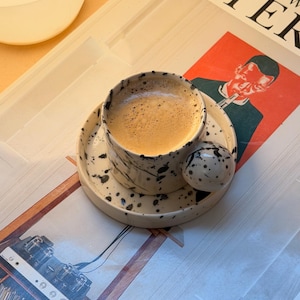 Handmade Espresso Cup and Saucer Set, Speckled Pottery, Coffee Lover Gift