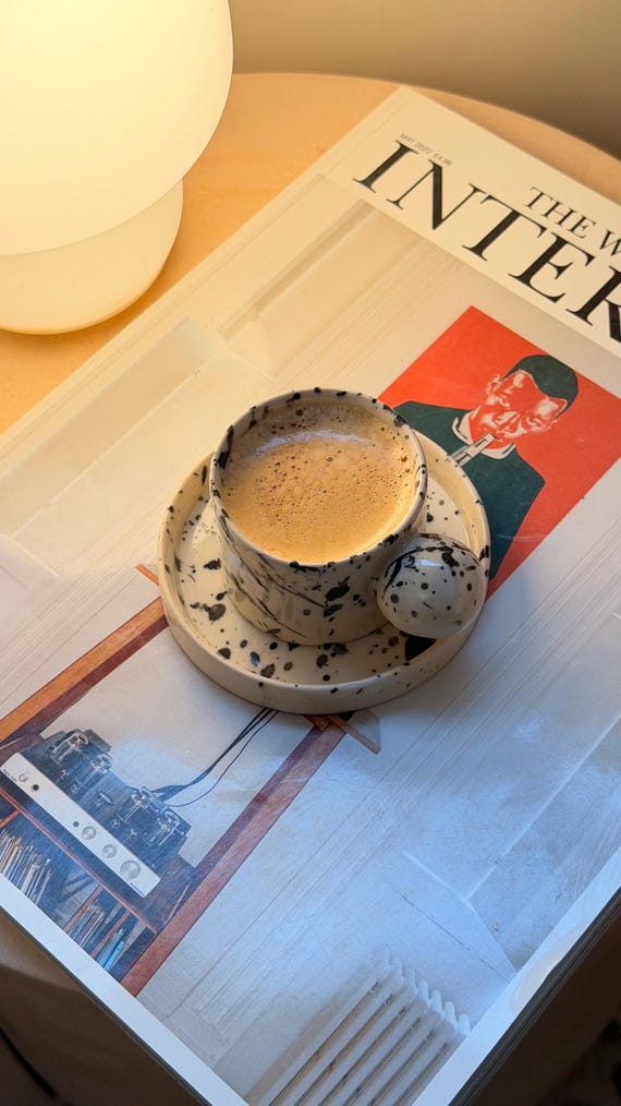 Handmade Espresso Cup and Saucer Set: 2oz Volume Speckled Cup