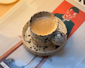 Handmade Espresso Cup and Saucer Set: 2oz Volume Speckled Cup