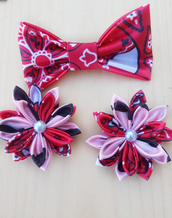 Hair Bow Set Bandana Hair Bow Red Bandana Hair Bow Red Etsy