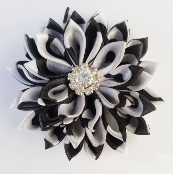 Black And White Kanzashi Hair Flower Black And White Hair Etsy