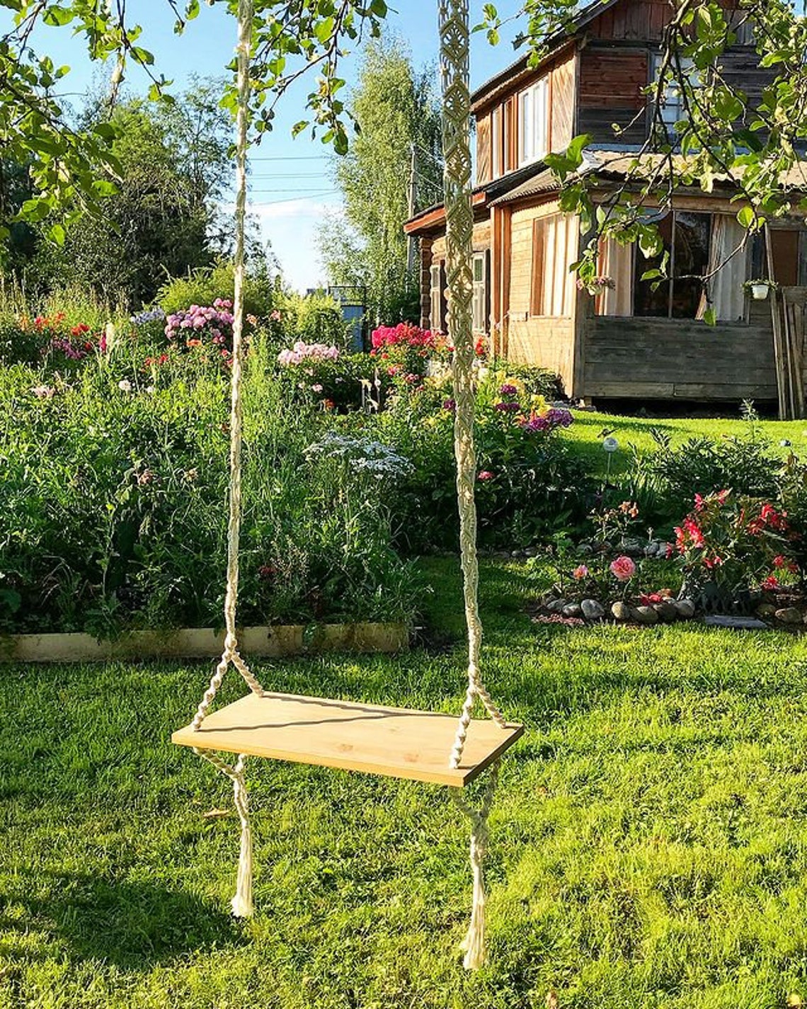 Macrame Wood Swing Wood Swing Tree Swing Adult Boho Swing Etsy