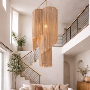 Tierra Luz handgjord makraméljuskrona | Neutral beige lampa | Boho lampskärm | Rustik boho hängande lampa