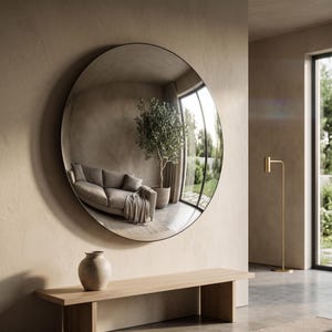 Puede incluir: Un gran espejo de pared circular con un marco negro fino. La superficie reflectante muestra una vista distorsionada de una habitación con un sofá, una planta en maceta y una ventana. El espejo está montado en una pared beige sobre un banco de madera.