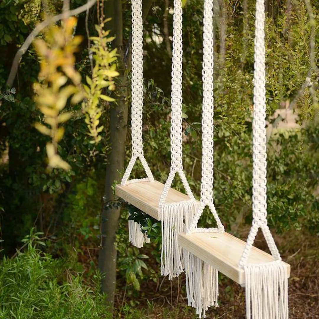 Natural Macrame Wood Swing Wood Swing Tree Swing Adult Boho