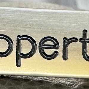 Puede incluir: Una etiqueta de metal plateado con la palabra "property" grabada en letras negras.