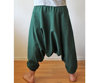 Harem Pants Drop Crotch Thick Cotton Plain in Green / Black / Brown // Hippie pants / Travel pants / Alladin Pants /Maxi Pants