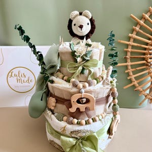 Pastel de pañales estilo león bohemio | Pastel de pañales safari para niño | Regalo para baby shower | Pastel de pañales para niño | Regalo para recién nacido imagen 2