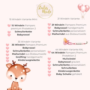 May include: A product information graphic with a deer illustration and pink heart accents. Text details various baby gift sets, including diaper quantities, pacifier clips, rattles, and other baby accessories. The brand logo is at the top.