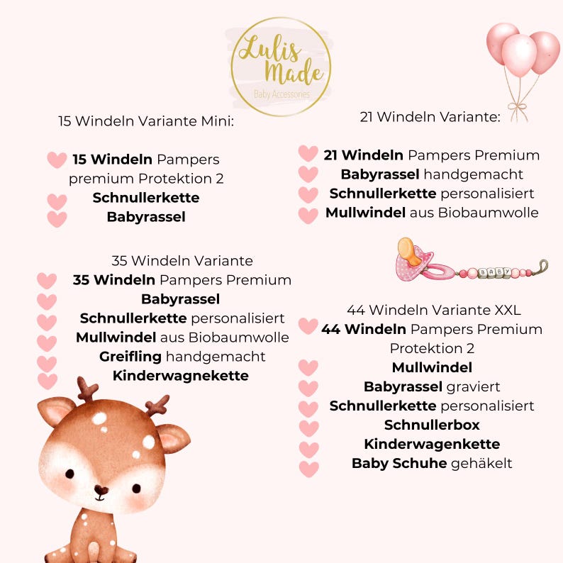 May include: A product information graphic with a deer illustration and pink heart accents. Text details various baby gift sets, including diaper quantities, pacifier clips, rattles, and other baby accessories. The brand logo is at the top.
