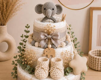 Tarta de pañales personalizada para niñas | Regalo para baby shower | Elefante, ciervo, jirafa | Set de regalo para bebé con manta y zapatos de bebé