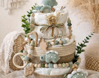 Gâteau de couches tortue bohème | Cadeau de naissance pour garçon, neutre | Gâteau de couches vert personnalisé | Cadeau de naissance