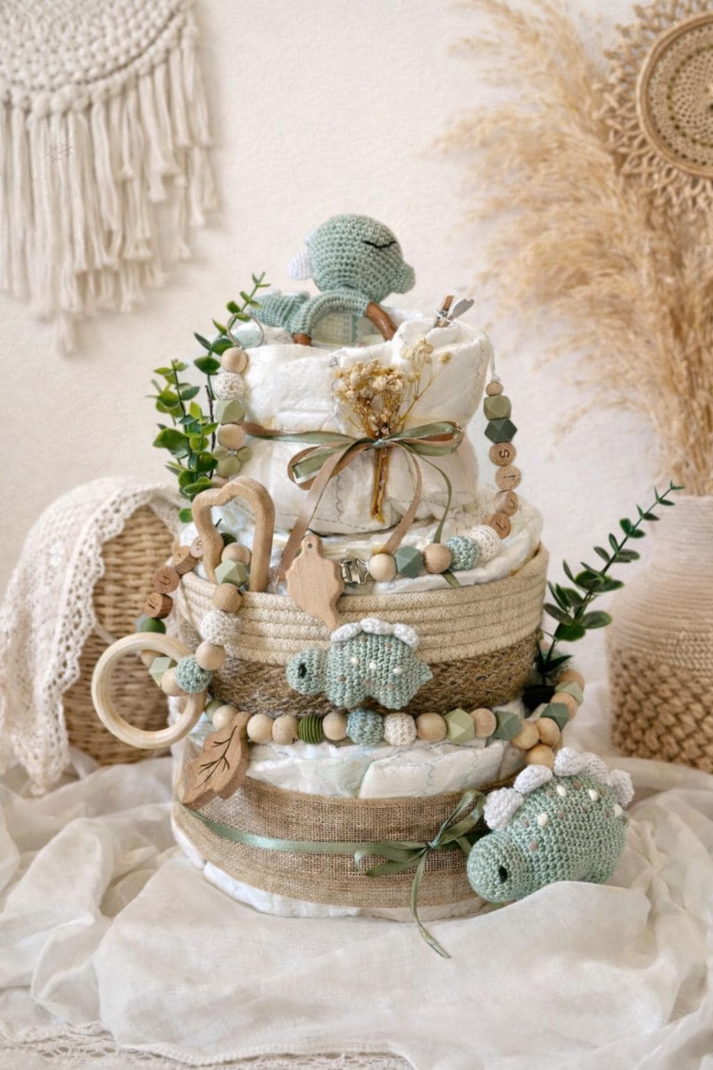 Torta di pannolini per cani neutra, torta di pannolini unisex, regalo per nascita, baby shower o battesimo, fatta a mano e personalizzata - Italia