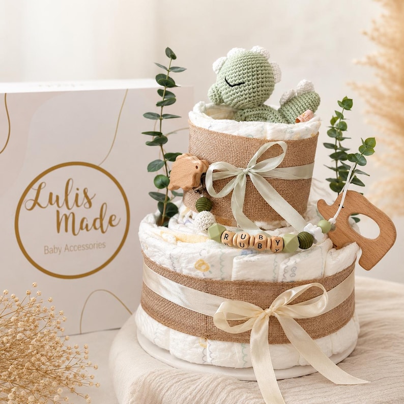 Gâteau de couches personnalisé pour garçon avec un éléphant | Cadeau de naissance | Gâteau de couches beige et or | Cadeau de naissance image 1