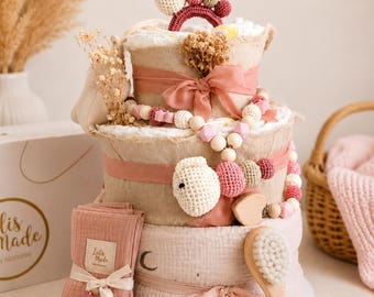 Diaper cake for a girl – Personalized baby gift for birth – Boho baby shower gift – Handmade baby girl