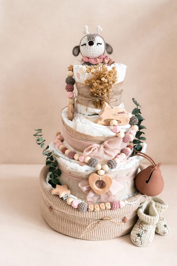 Windeltorte Reh  • Mädchen Geschenk zur Geburt • Premium Baby Geschenk • Rosa Natur  • Babyshower Geschenk