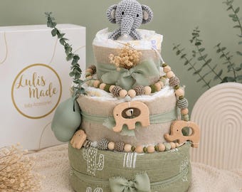 Windeltorte Junge Sage Grün | Luxus Babygeschenk zur Geburt | Pampers Windeltorte mit Namen