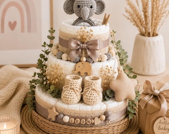 Personalized diaper cake for a boy with an elephant | Baby shower gift | Diaper cake with baby shoes, basket and much more, baby shower gift