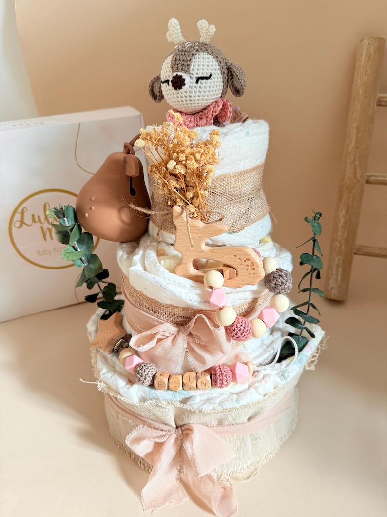 Windeltorte Mädchen Rosa, windeltorte, Personalisierte Windeltorte Waldzauber Deluxe