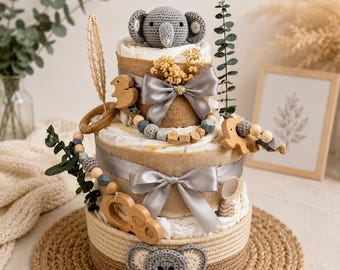 Elephant Diaper Cake (Neutral) | 2-Tier Diaper Cake with Gift Wrap | Baby Gift for Newborns | Boho Baby Shower Gift | LulisMade