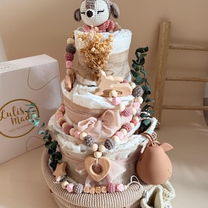 Handgefertigte Windeltorte Reh Rosa für Mädchen – Babyshower Geschenk mit Liebe