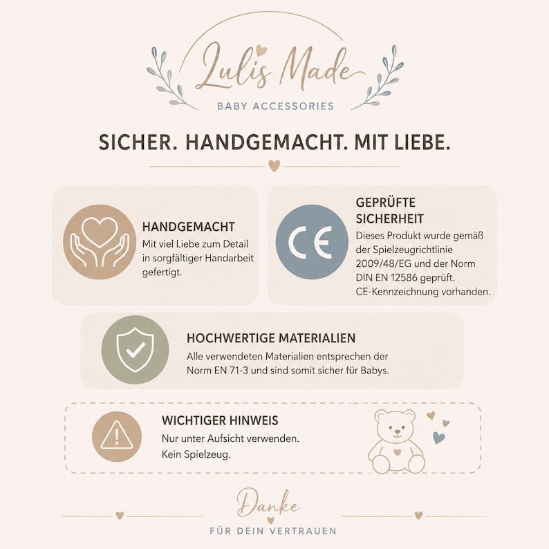 May include: A cream-colored graphic with the text "Julis Made BABY ACCESSORIES" and the phrase "SICHER. HANDGEMACHT. MIT LIEBE." Several informational boxes detail product features, including "HANDGEMACHT" and "GEPR&Uuml;FTE SICHERHEIT."