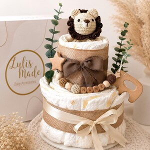 Gâteau de couches personnalisé pour garçon avec un éléphant | Cadeau de naissance | Gâteau de couches beige et or | Cadeau de naissance image 2