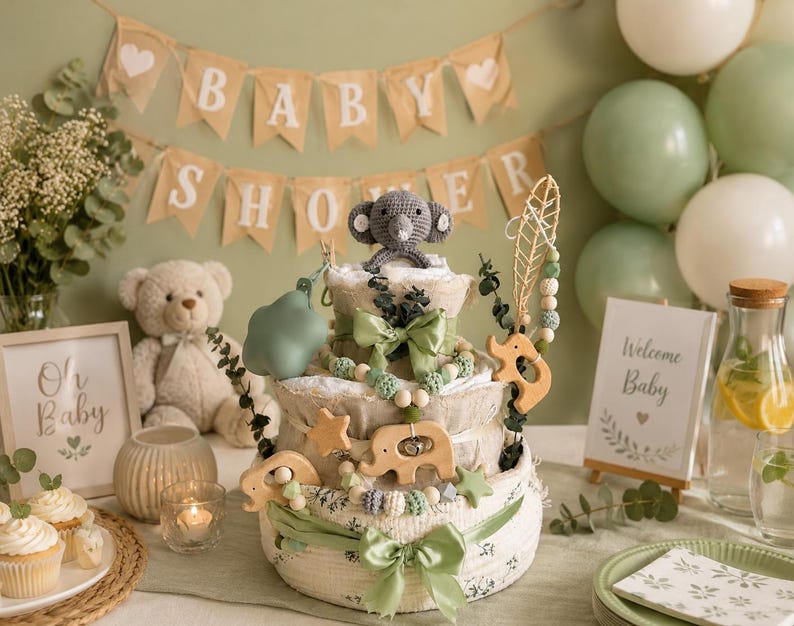 May include: A baby shower display featuring a diaper cake decorated with green bows, wooden animal cutouts, and a gray crocheted elephant. The scene includes balloons, a banner that says "Baby Shower", and a sign that says "Welcome Baby".
