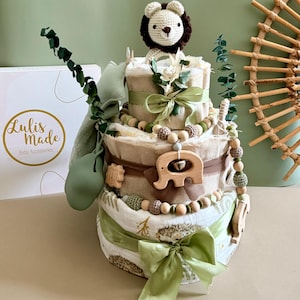 Pastel de pañales estilo león bohemio | Pastel de pañales safari para niño | Regalo para baby shower | Pastel de pañales para niño | Regalo para recién nacido imagen 3