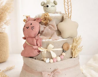 Boho Windeltorte Mädchen – Baby Shower Geschenk – Neutral Diaper Cake Girl – Baby Geschenk Set-  Handmade Baby Geschenk – Windeltorte