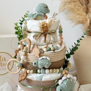 Torta di pannolini verde/beige neutro Dino, regalo perfetto, fatto a mano e personalizzato