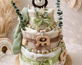 Boho Lion Diaper Cake | Baby Gift for a Boy's Birth | Pampers Diaper Cake Baby Shower Gift | Jungle Baby Gift | Lion Diaper Cake