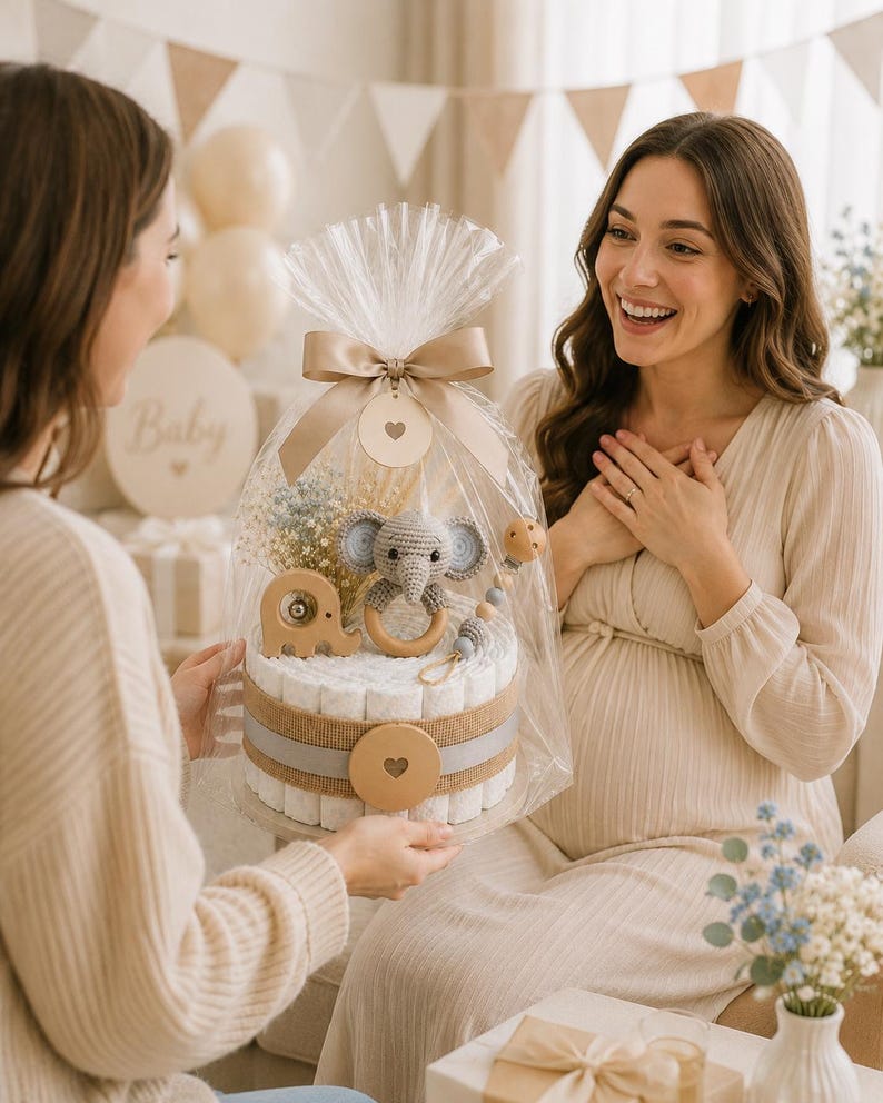 May include: A baby shower gift presented to a pregnant woman. The gift is a diaper cake decorated with a crocheted elephant, wooden accents, and wrapped in cellophane with a bow. The background includes balloons and a banner.
