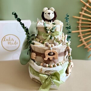 Pastel de pañales estilo león bohemio | Pastel de pañales safari para niño | Regalo para baby shower | Pastel de pañales para niño | Regalo para recién nacido imagen 6