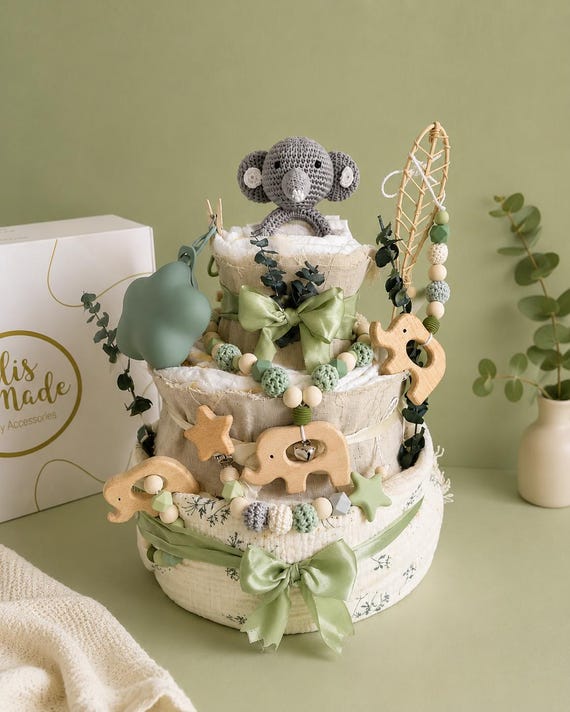 Windeltorte Elefant Grün | Premium Windeltorte Junge Neutral | Babyshower Geschenk zur Geburt & Taufe