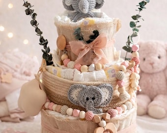 Windeltorte Mädchen Boho | Personalisiertes Babygeschenk zur Geburt | Pampers Windeltorte Rosa | Baby Shower Geschenk Mädchen
