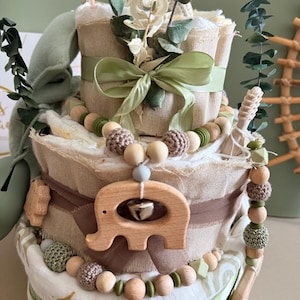 Pastel de pañales estilo león bohemio | Pastel de pañales safari para niño | Regalo para baby shower | Pastel de pañales para niño | Regalo para recién nacido imagen 8