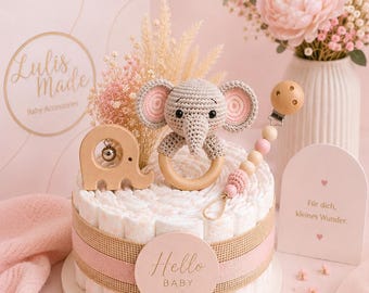 Gâteau de couches pour filles, rose neutre | Panier-cadeau de naissance | Cadeau de naissance | Cadeau de couches