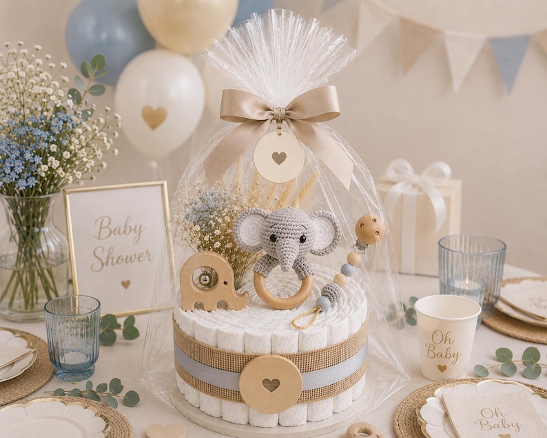 May include: A baby shower centerpiece featuring a diaper cake with a gray crochet elephant, wooden accents, and a bow. The cake is wrapped in cellophane and surrounded by balloons, flowers, and a sign that says "Baby Shower".