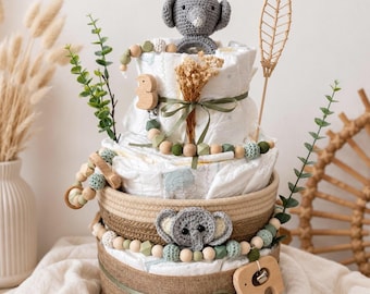 Windeltorte XXL Elefant grün, Perfektes Geschenk Lulismade®, handgefertigt und personalisiert