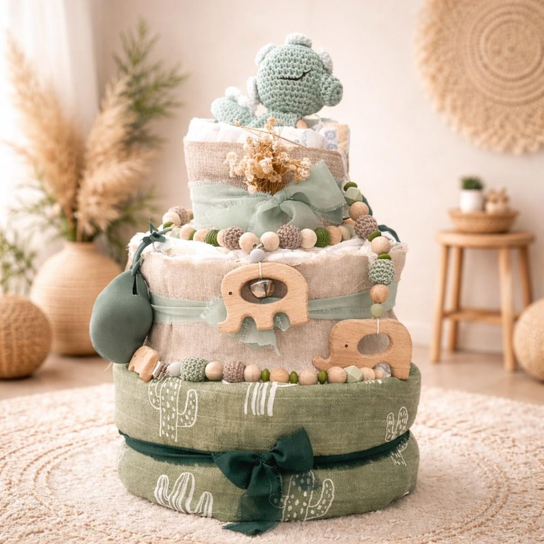 Gâteau de couches bohème dinosaure – Cadeau de naissance personnalisé | Cadeau de couches neutre pour une baby shower | Cadeau de baptême pour un garçon image 1