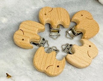 Holzclip Elefant, 5 Stk. Schnullerkette Holzclip ,zum Basteln und selber machen, Kinderwagenkette und Anhänger, unbehandelt