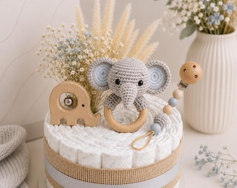 Gâteau de couches pour garçon, bleu/neutre | Cadeau de naissance avec hochet éléphant | Cadeau de naissance pour garçon